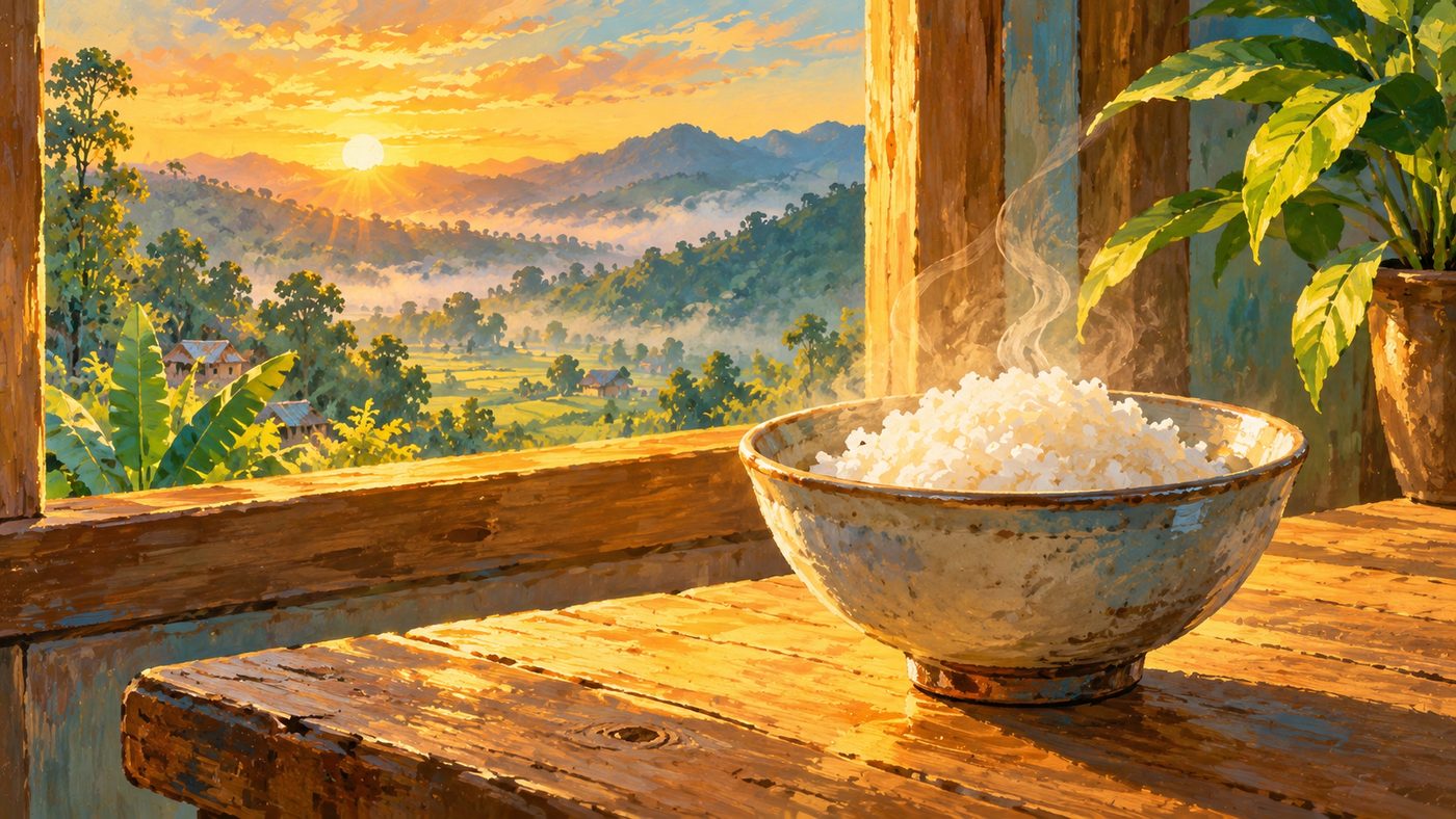 Painted illustration of a bowl of steaming rice on a wooden sill, with the sun rising over a misty valley behind it