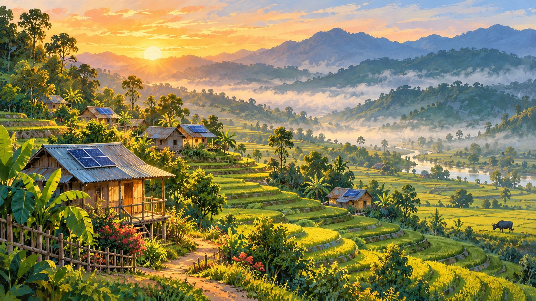 Painted illustration of a hillside village at sunrise, with solar panels on the tin roofs of simple houses among terraced green fields